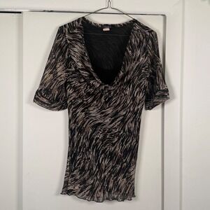 Cocomo Womens Abstract Print Cowl Neck Sheer Grunge Mesh Blouse Short Sleeve